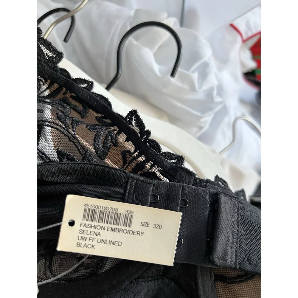 Soma Embroidery Selena Unlined Bra Size 32D Sheer Floral Black Sexy NWT